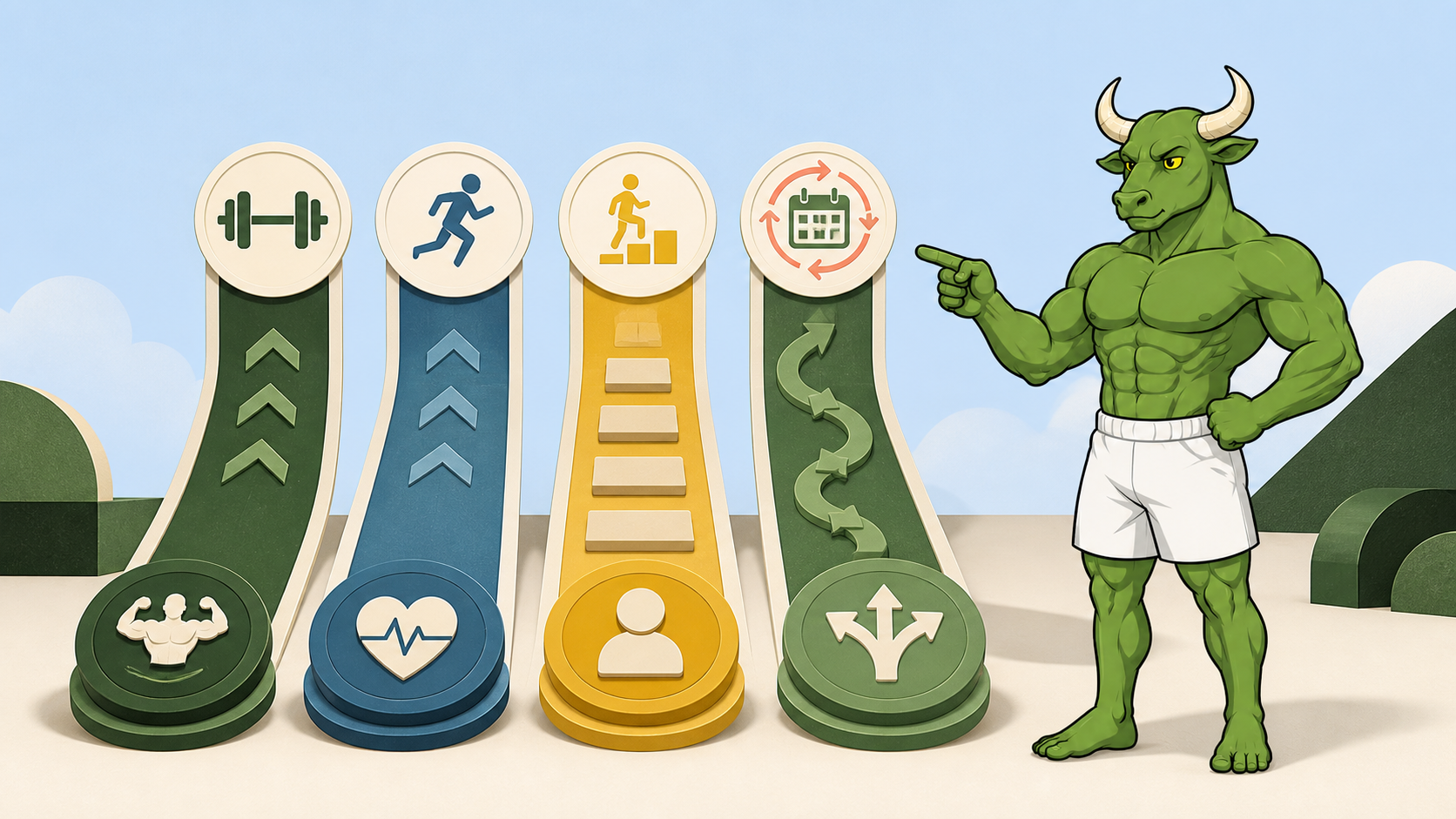 Green Bull presenting four 90-day exercise program paths for strength, conditioning, beginner consistency, and adaptive training