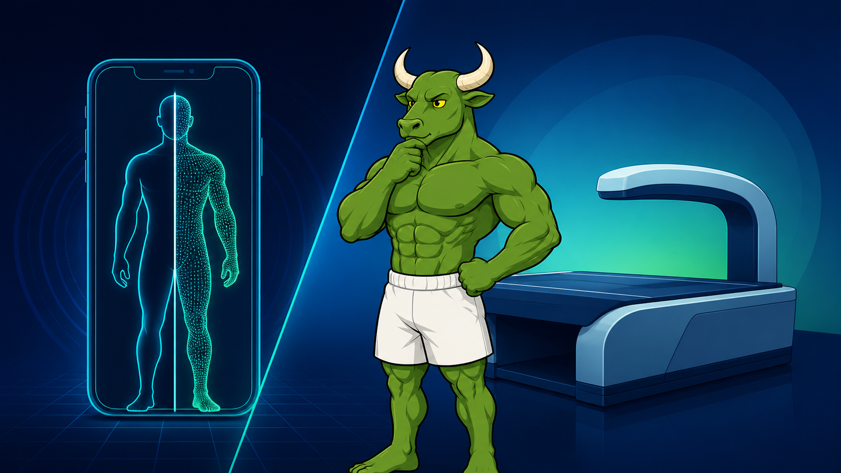 Green Bull comparing a phone-based body composition estimate with a clinical DEXA scanner