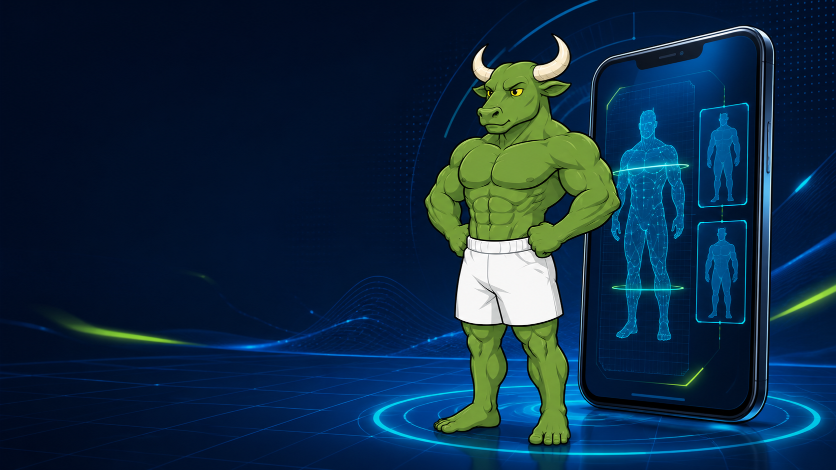 Green Bull standing beside an AI body-scan phone interface in a blue-green fitness-tech scene