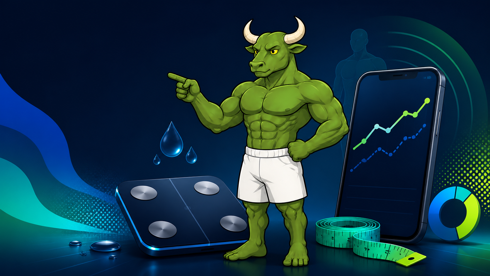 Green Bull beside a smart scale, phone trend chart, water drops, and measuring tape
