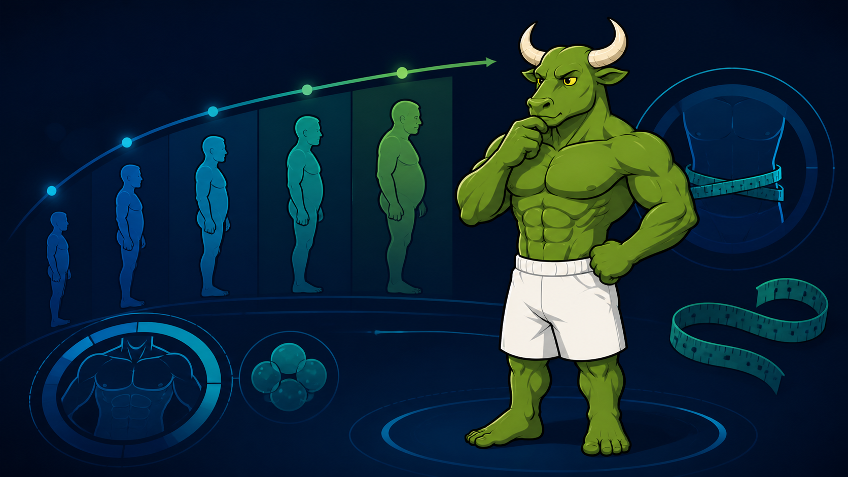 Green Bull comparing age-related body-composition trends with a measuring tape