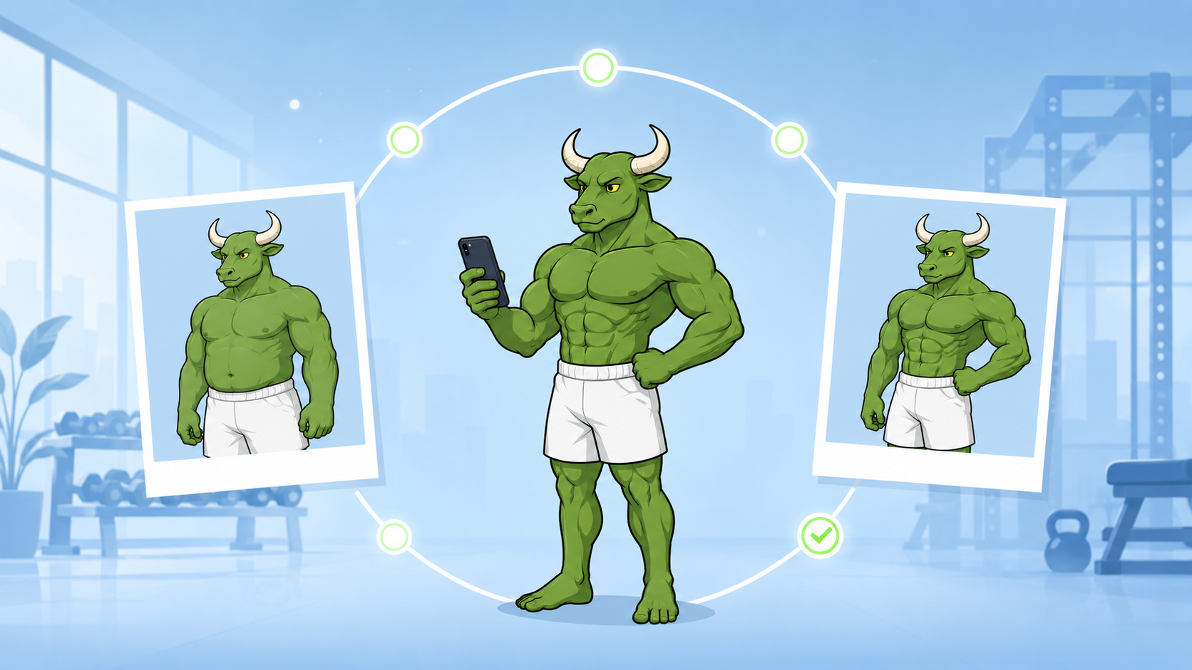Green Guy flexing beside three progressive dumbbells — Reset90 best apps to track muscle gain in 2026