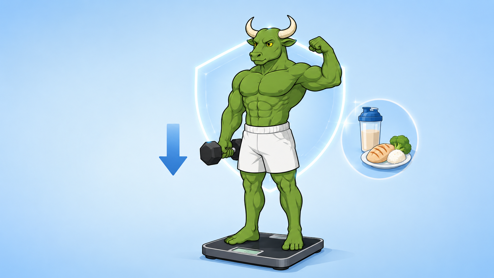 Green Guy on a scale with a protective shield — Reset90 best apps to track weight loss on Ozempic