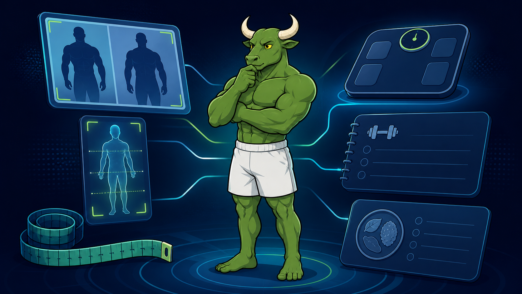 Green Bull comparing progress photos, body scans, measurements, a scale, workout tracking, and nutrition tracking