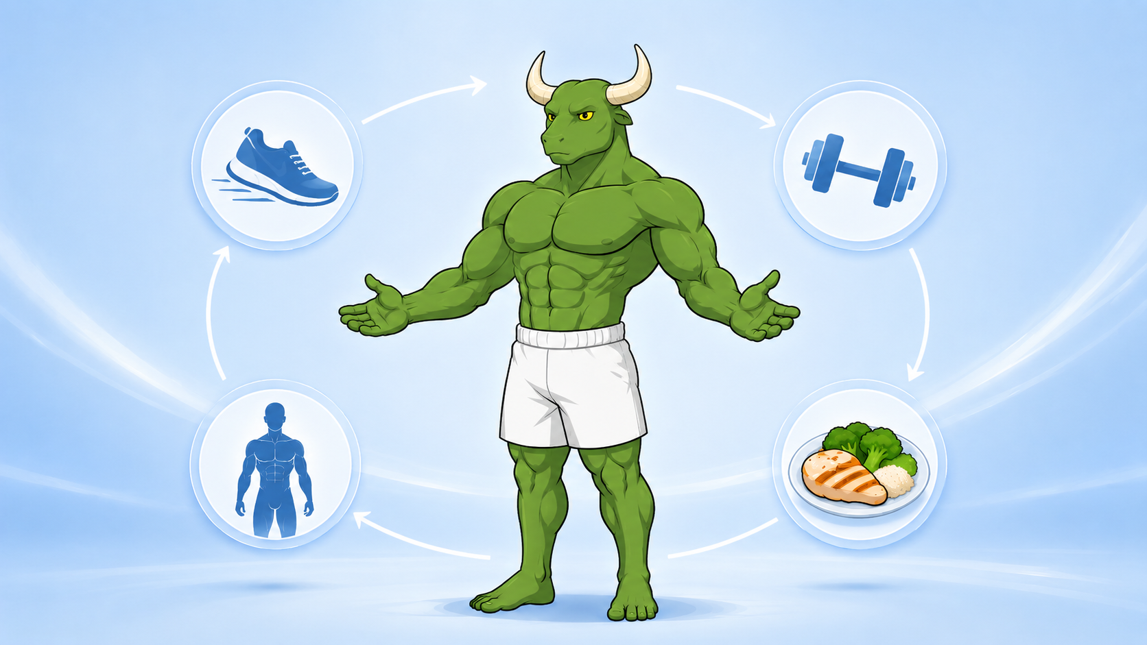 Green Guy connecting four fitness tools into one loop, representing the Reset90 AI 90-day system