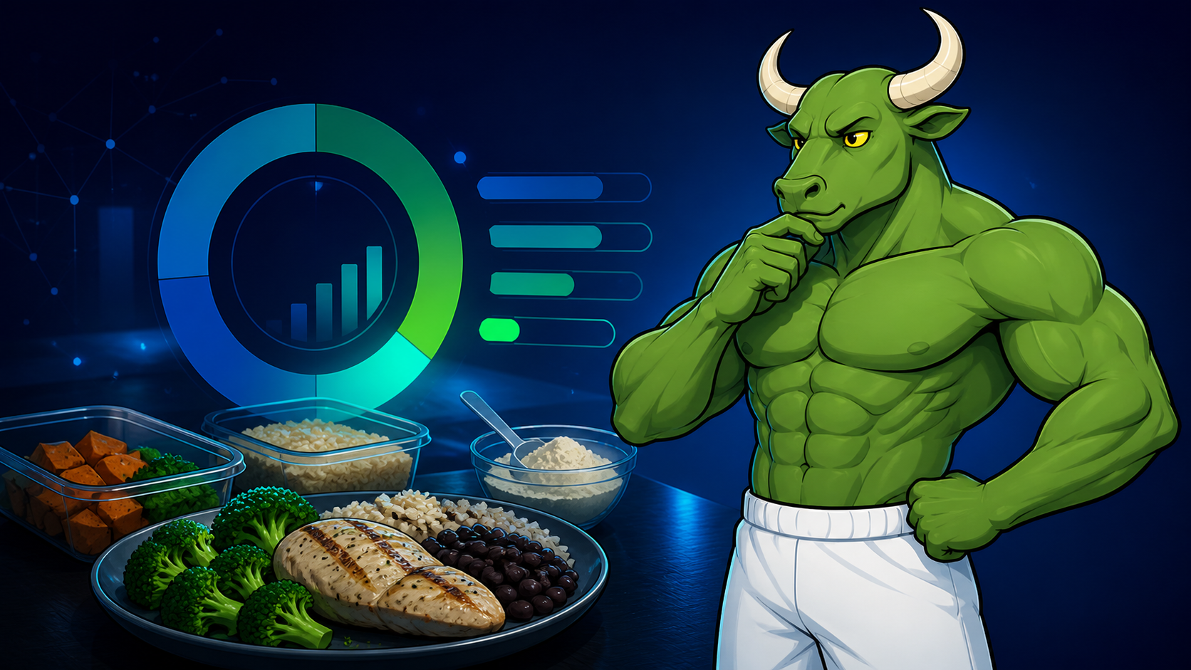 Green Bull reviewing a protein-rich meal and abstract macro targets for a muscle-gain nutrition plan