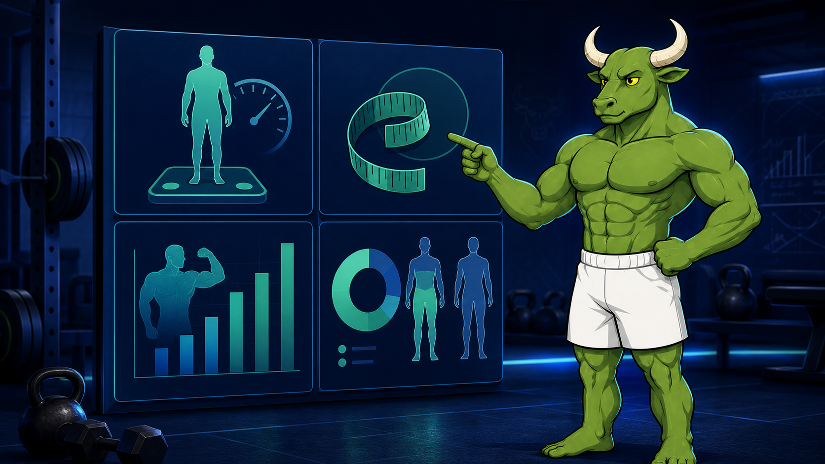 Green Bull reviewing four body-composition metrics for lifters beside a scale, tape measure, and abstract chart