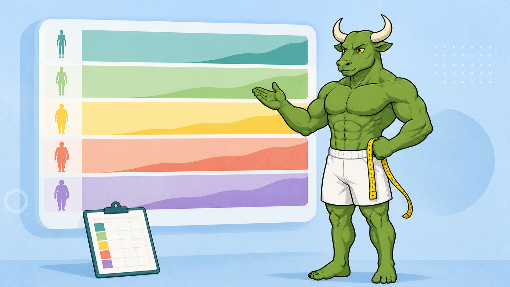 Green Bull reviewing body fat percentage ranges with a chart and measuring tape