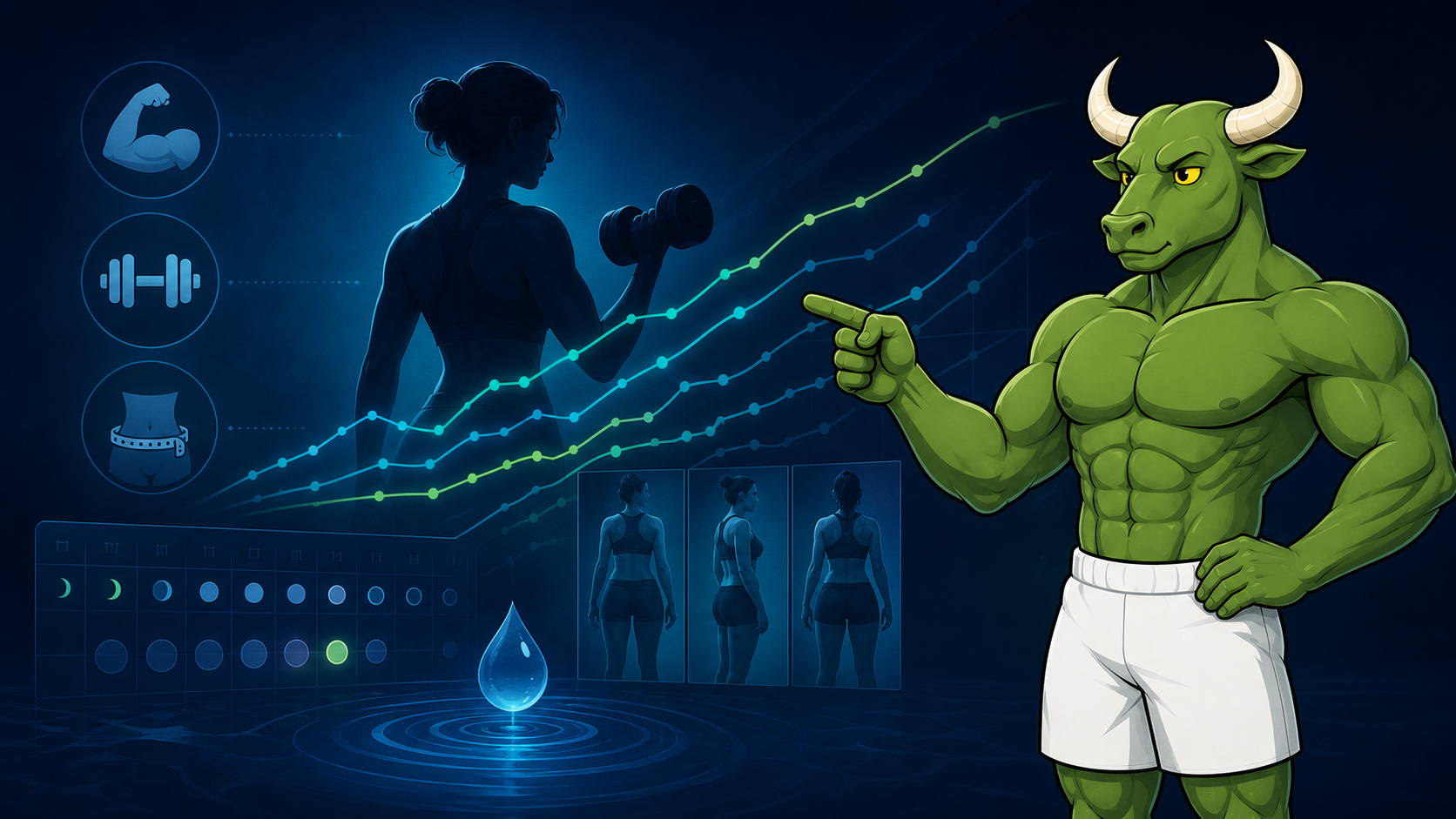 Green Bull reviewing muscle, strength, measurements, progress photos, and cycle-aware body recomposition data