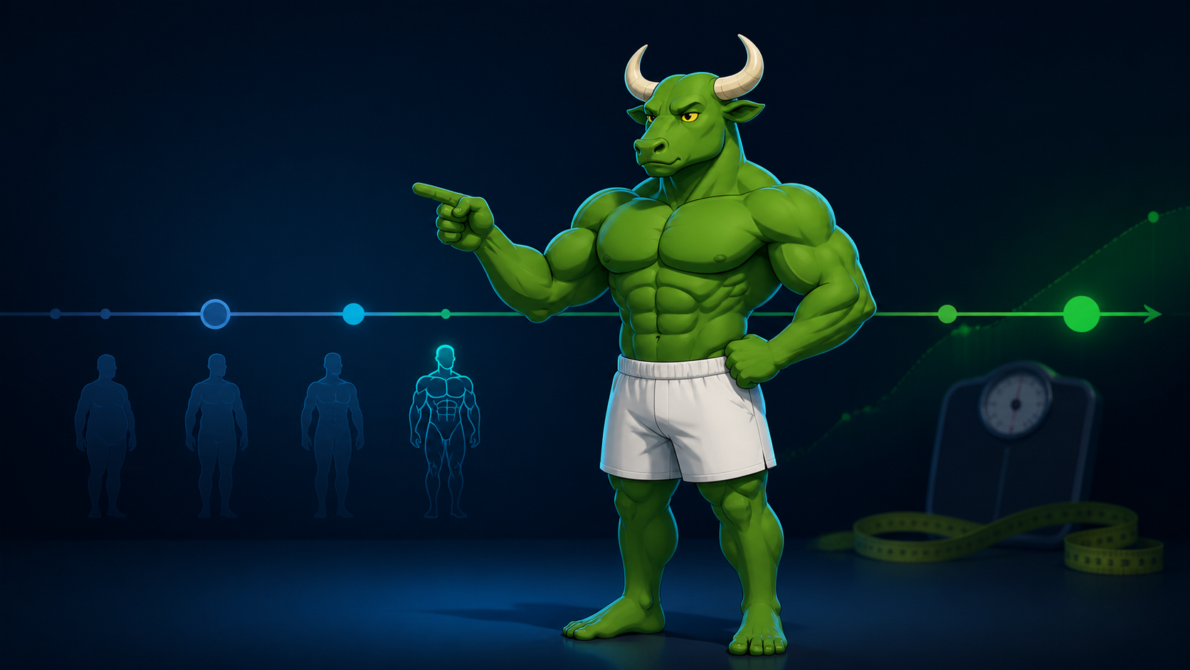 Green Bull standing beside a body-recomposition timeline with progressive body silhouettes, a scale, and a measuring tape