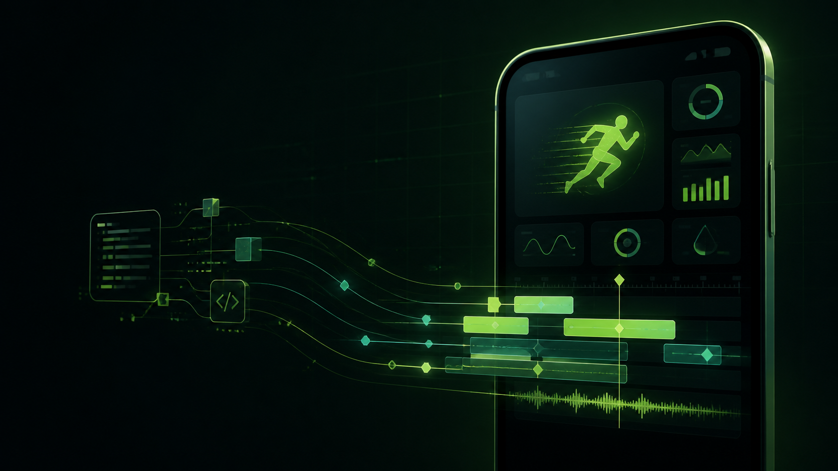 Abstract Reset90 AI product-video artwork with a glowing fitness phone and timeline lines
