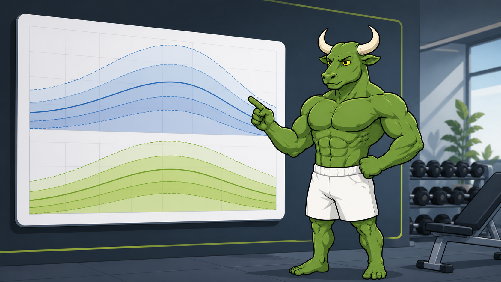 Green Bull studying an abstract FFMI chart in a modern gym setting