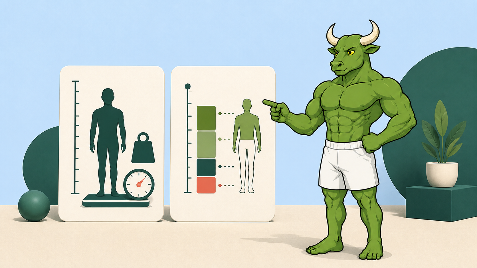Green Bull comparing a height-and-weight scale with an estimated lean-mass chart for FFMI and BMI