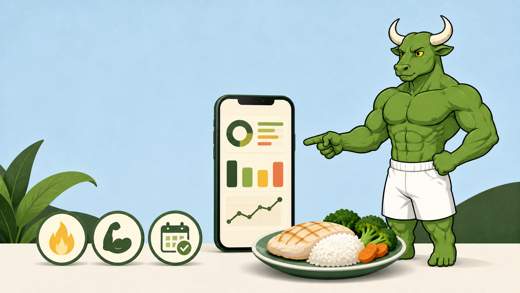 Green Bull pointing to a food tracking dashboard with calories, protein, weekly trends, and a muscle-gain meal
