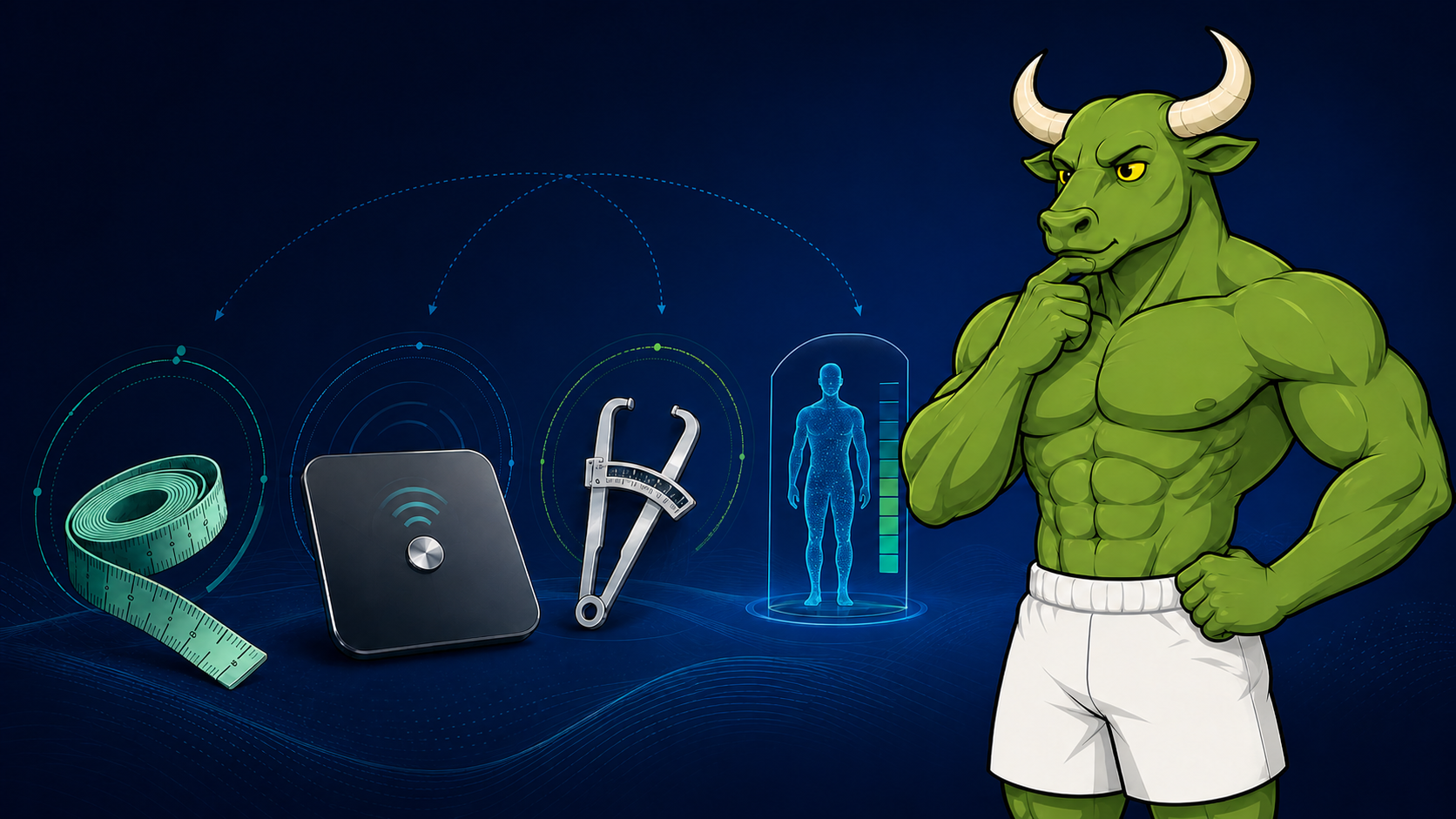 Green Bull comparing a tape measure, smart scale, skinfold calipers, and body-composition scan