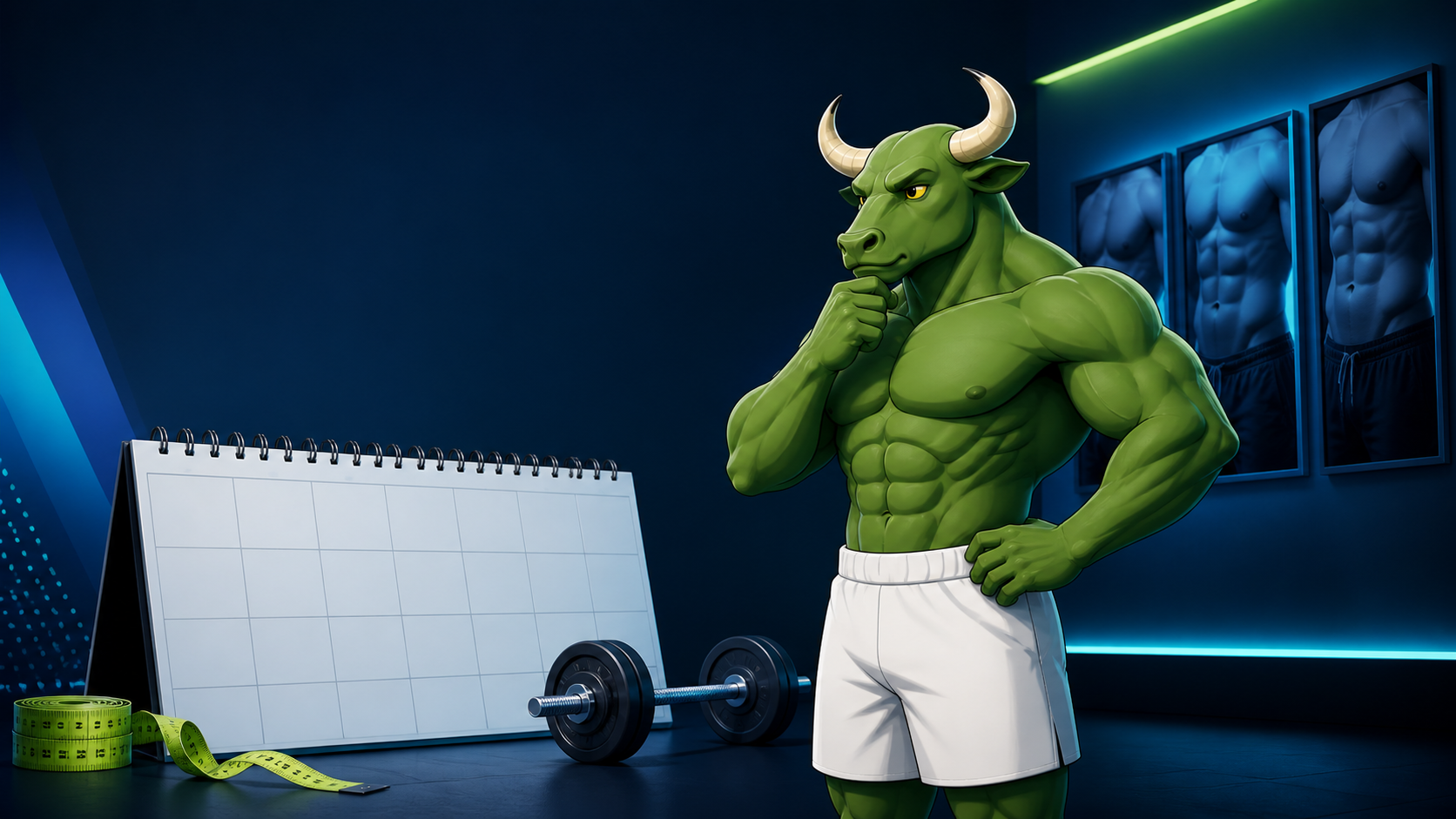 Green Bull reviewing a realistic visible-abs timeline with a calendar, barbell, and progress photos