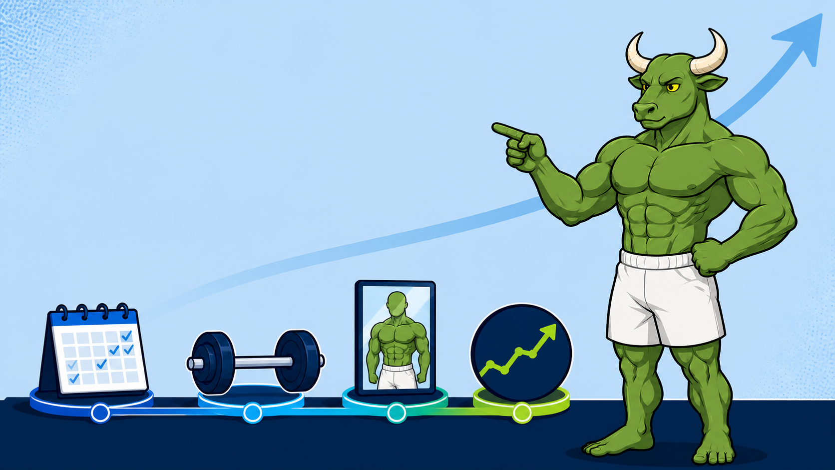 Green Bull standing beside a four-stage lifting progress timeline with a barbell, calendar, and progress photo frame