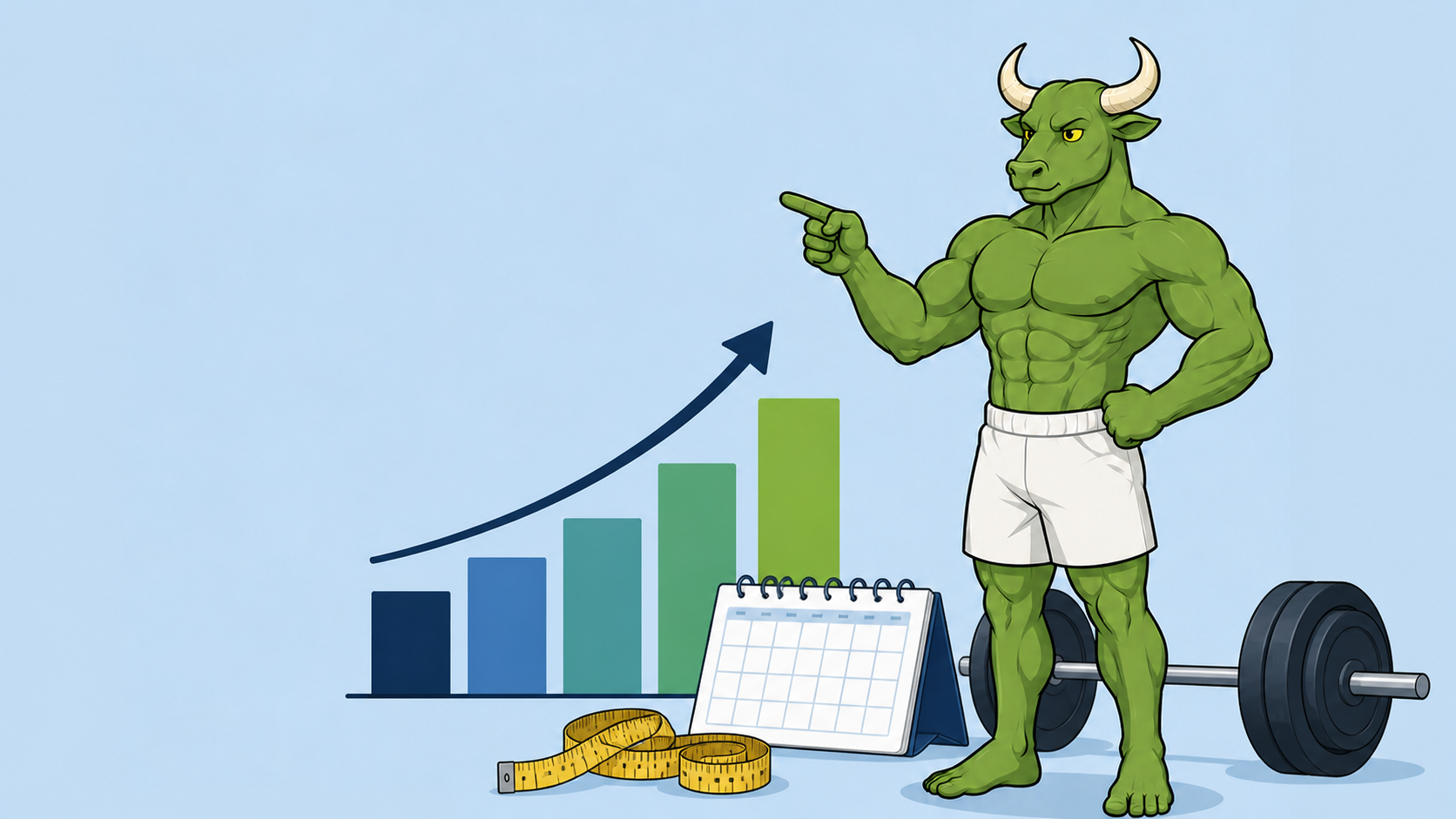 Green Bull standing beside a monthly muscle-gain progress chart with a barbell, calendar, and measuring tape