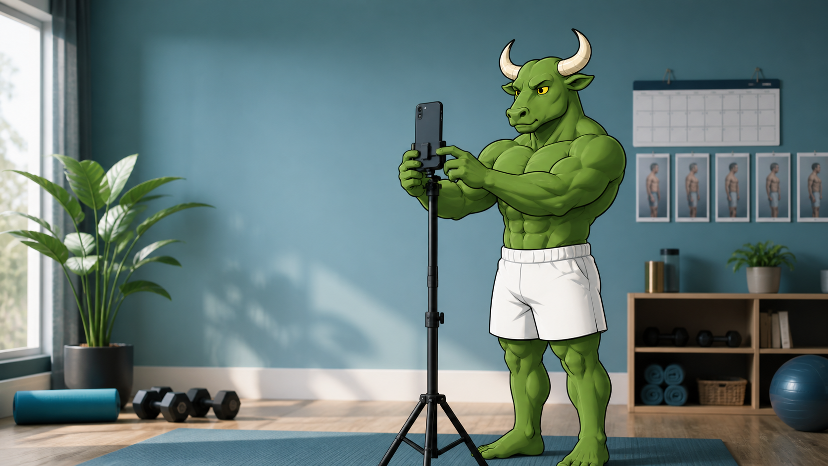 Green Bull setting up a consistent progress-photo routine with a phone tripod and timeline calendar