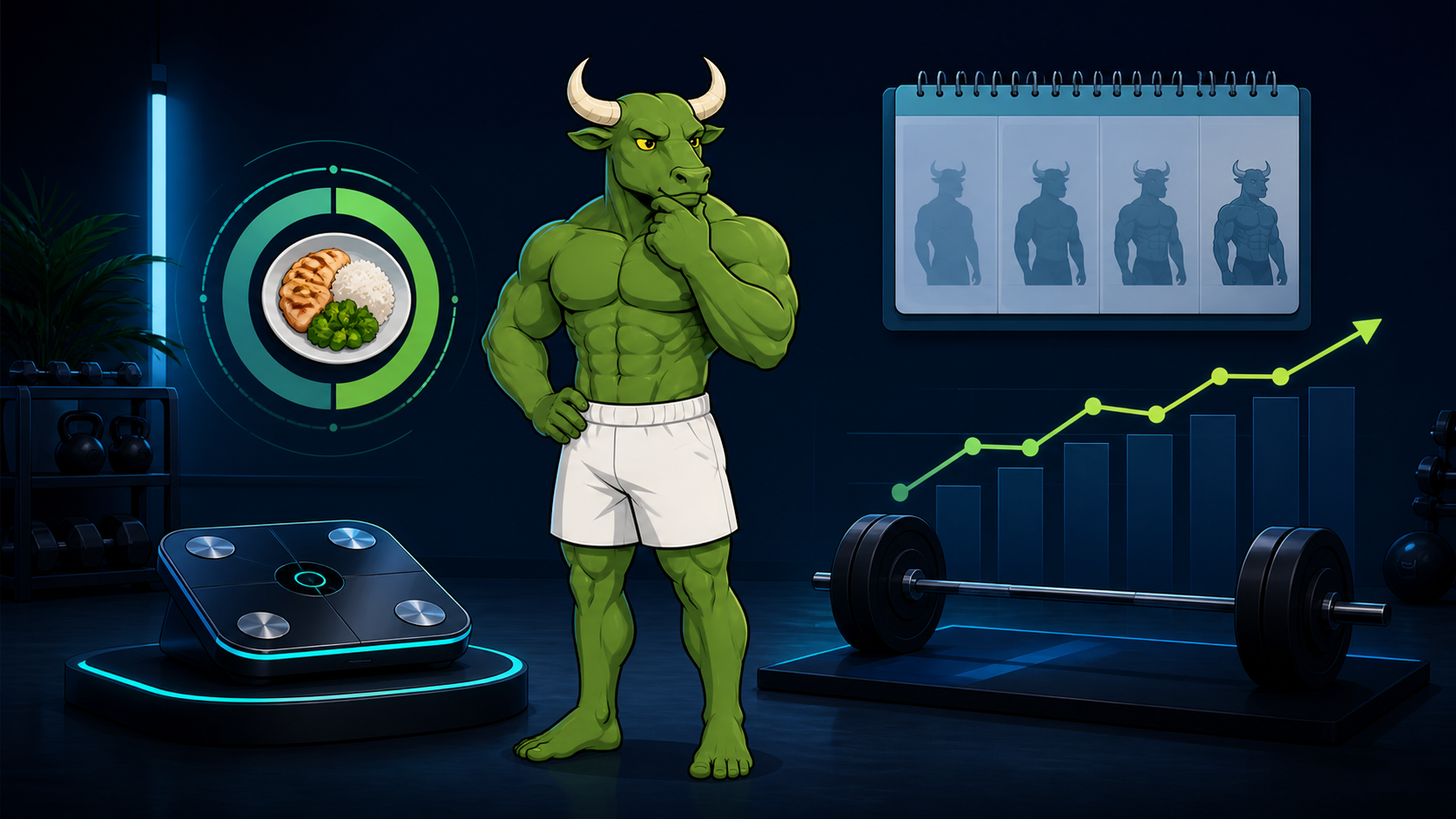 Green Bull reviewing a controlled lean-bulk plan with a smart scale, meal plate, calendar, and training progress line