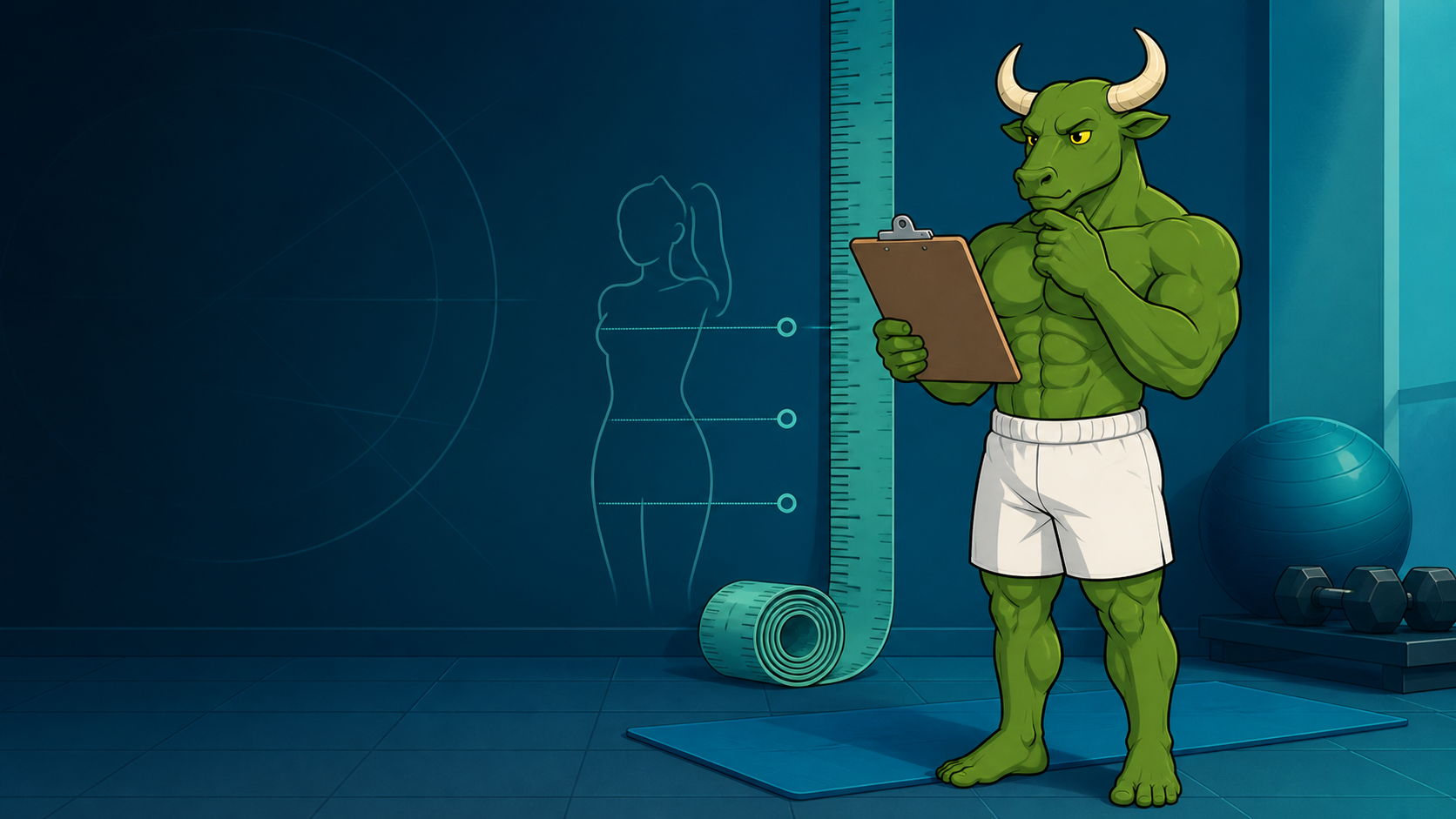 Green Bull reviewing personal body measurements beside a tape measure in a calm fitness studio