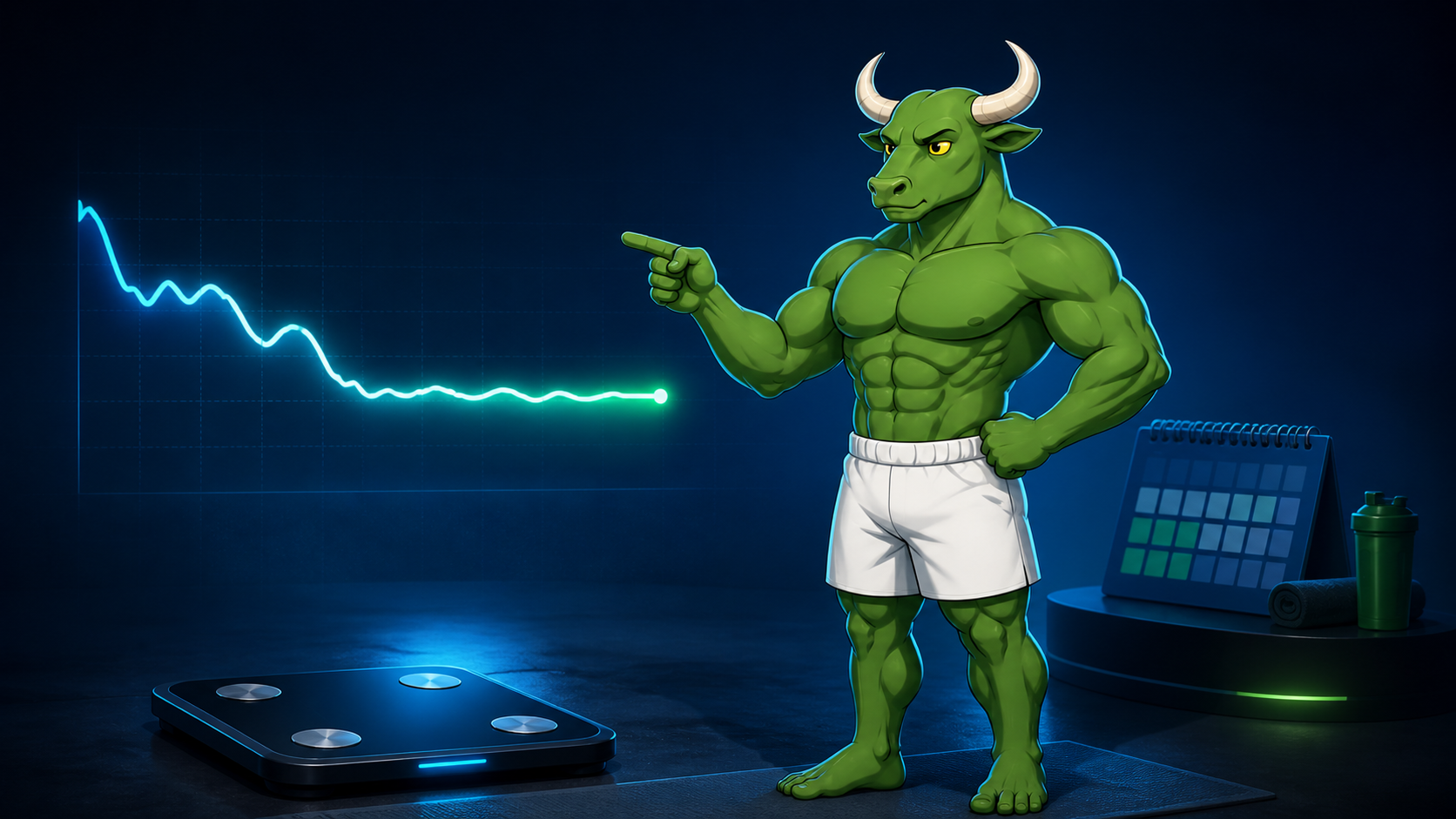 Green Bull evaluating a stable maintenance-calorie trend after weight loss beside a scale and calendar