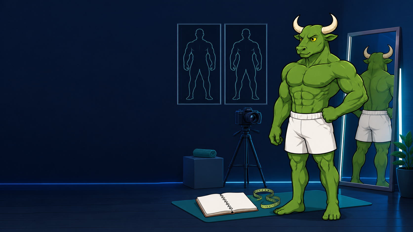 Green Bull reviewing consistent before-and-after progress photos, measurements, and strength signals in a modern fitness studio