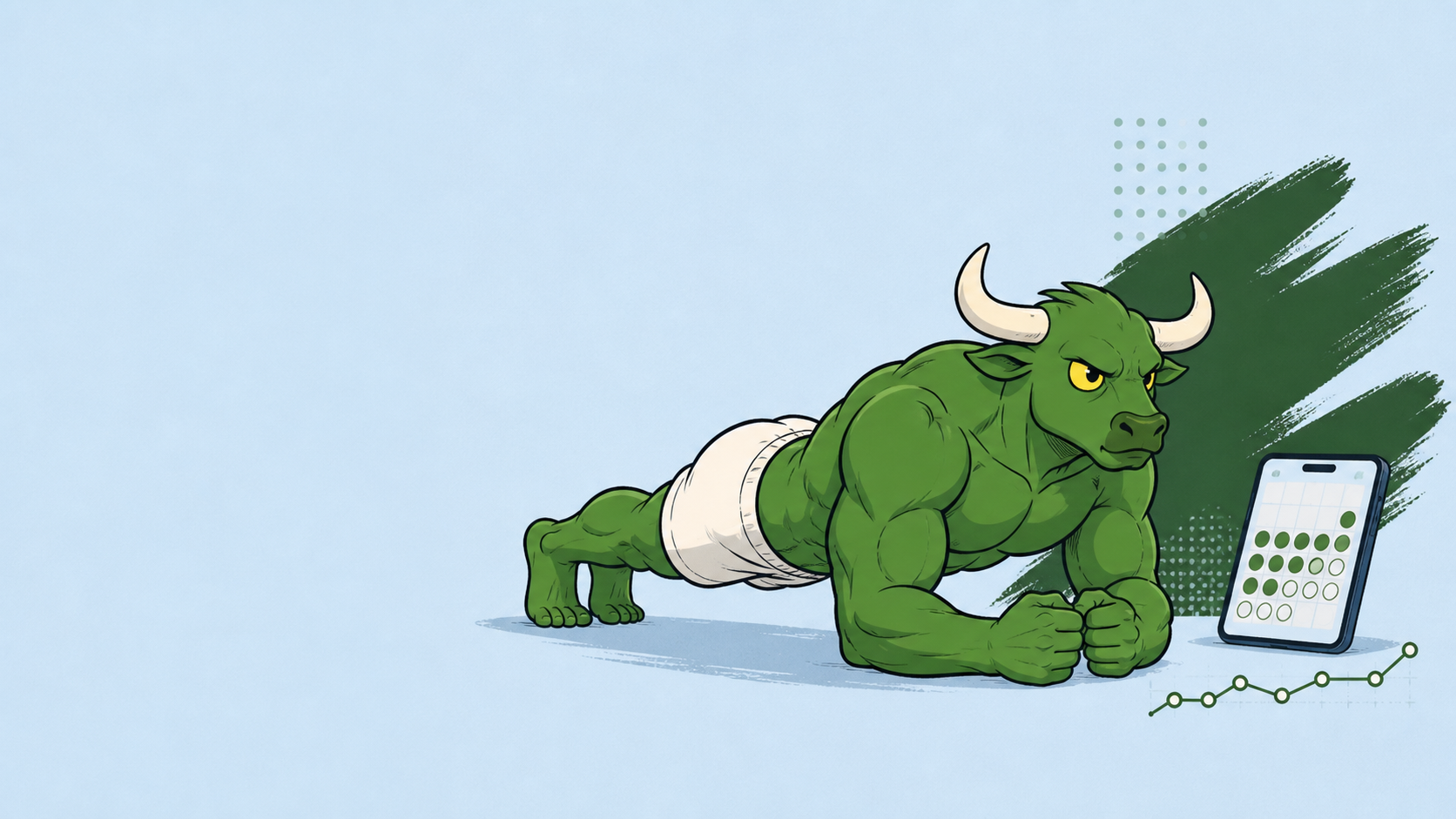 Green Guy holding a clean forearm plank beside a habit calendar and progress line