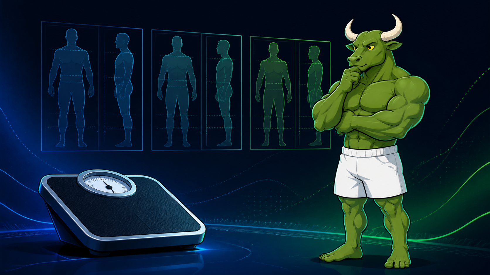 Green Bull comparing a stable scale trend with aligned progress photos during a fitness phase