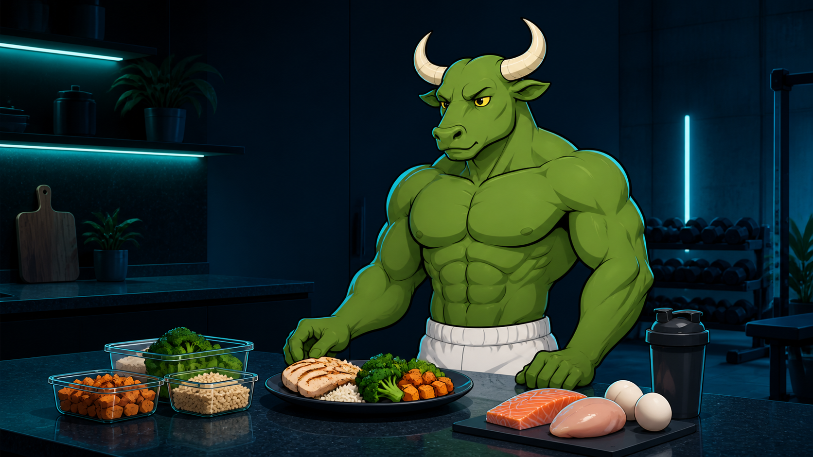 Green Bull planning protein-centered meals in a blue-green nutrition and training studio