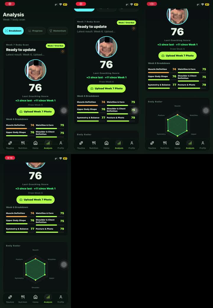 Real Reset90 Body Scan screen showing score 76, progress bars, and a radar chart