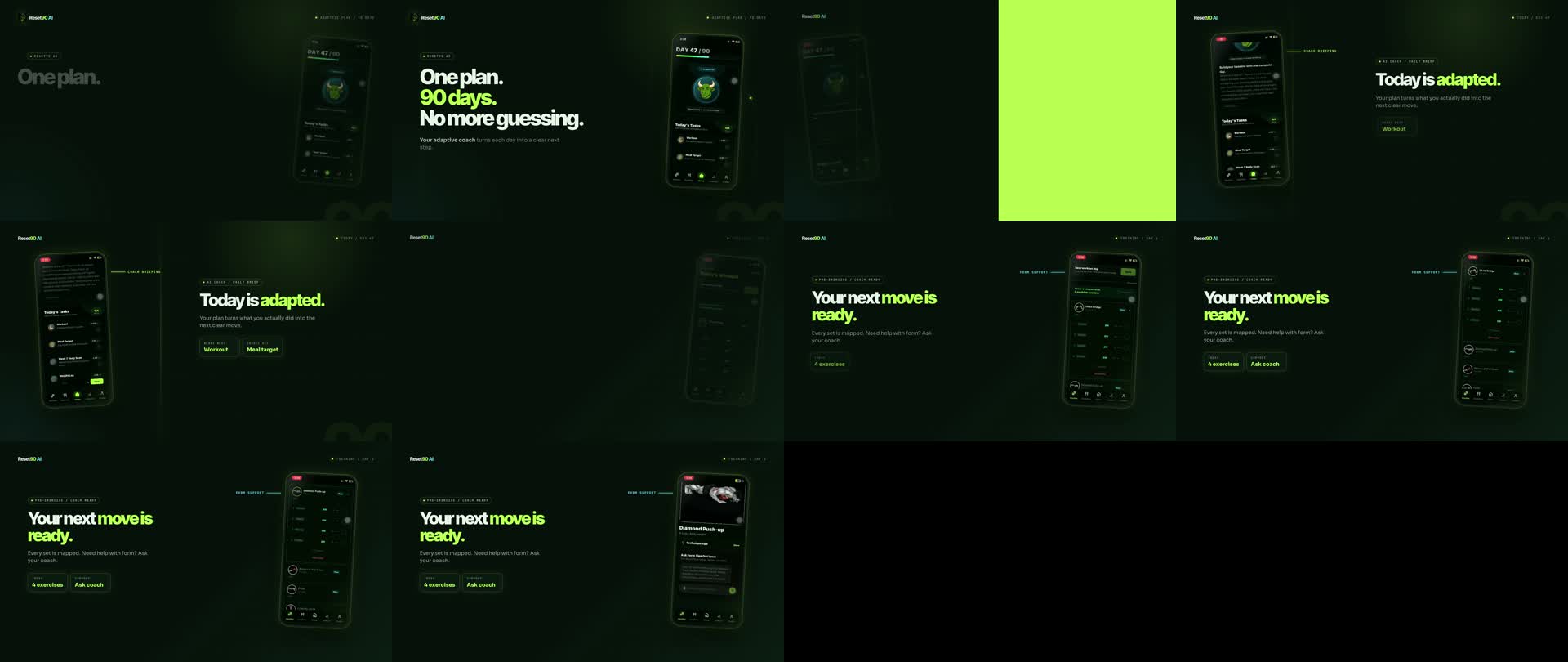 Storyboard contact sheet showing the Reset90 product video hook, Home coach briefing, workout, and transitions