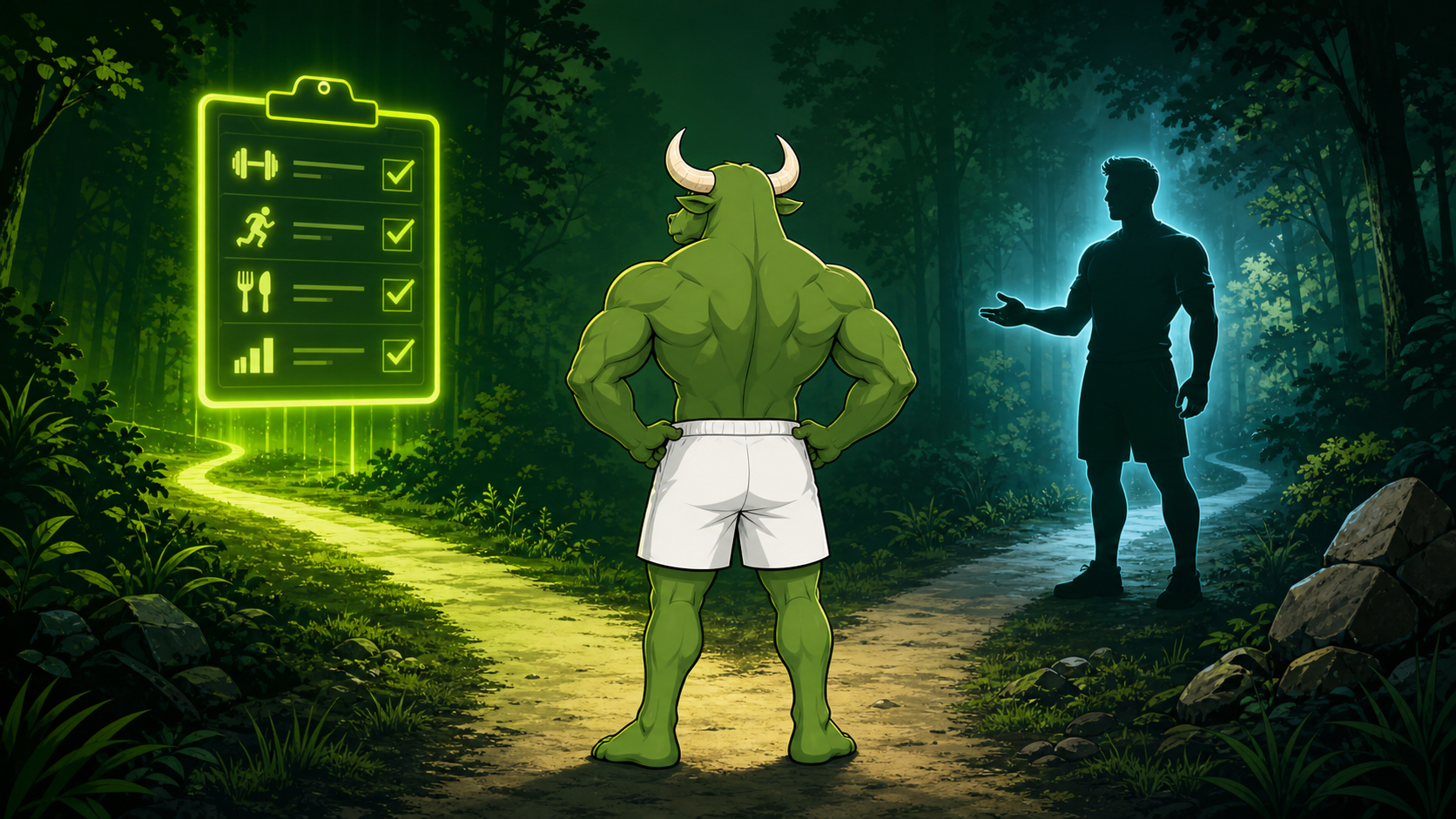 A split visual of a person reviewing a workout plan and talking with a personal trainer