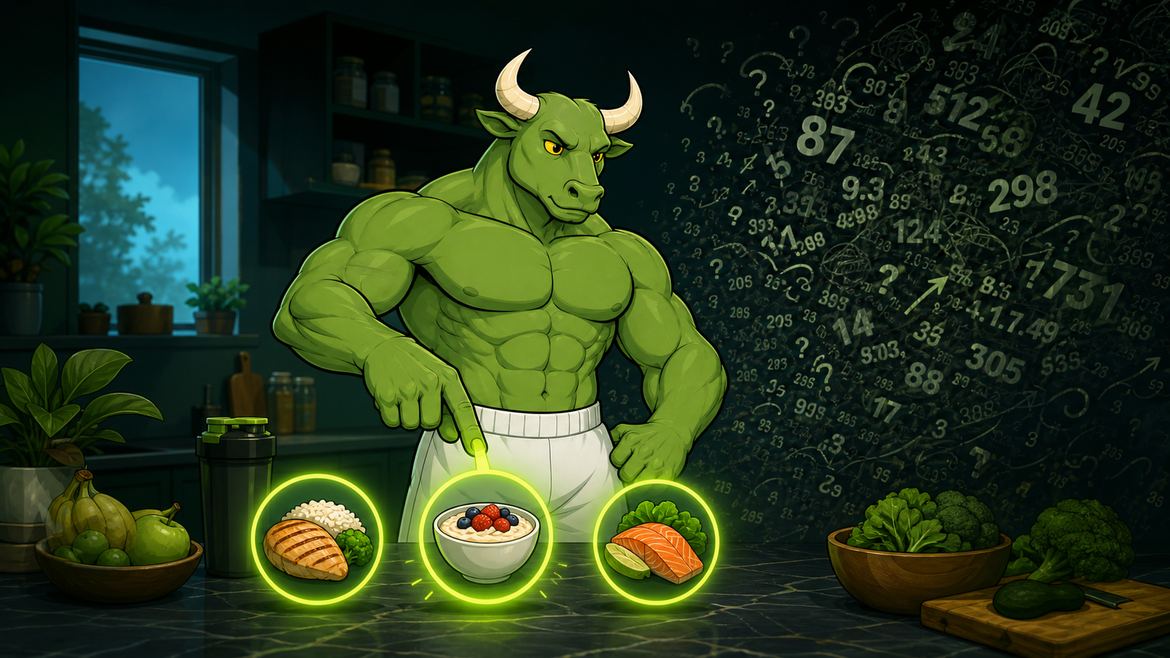A balanced meal with a notebook and simple nutrition tracking tools on a kitchen table