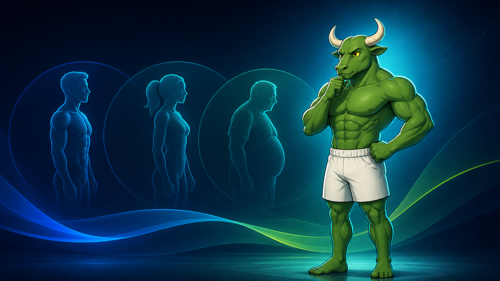 Green Bull considering age-related body-composition patterns in a blue-green fitness editorial scene