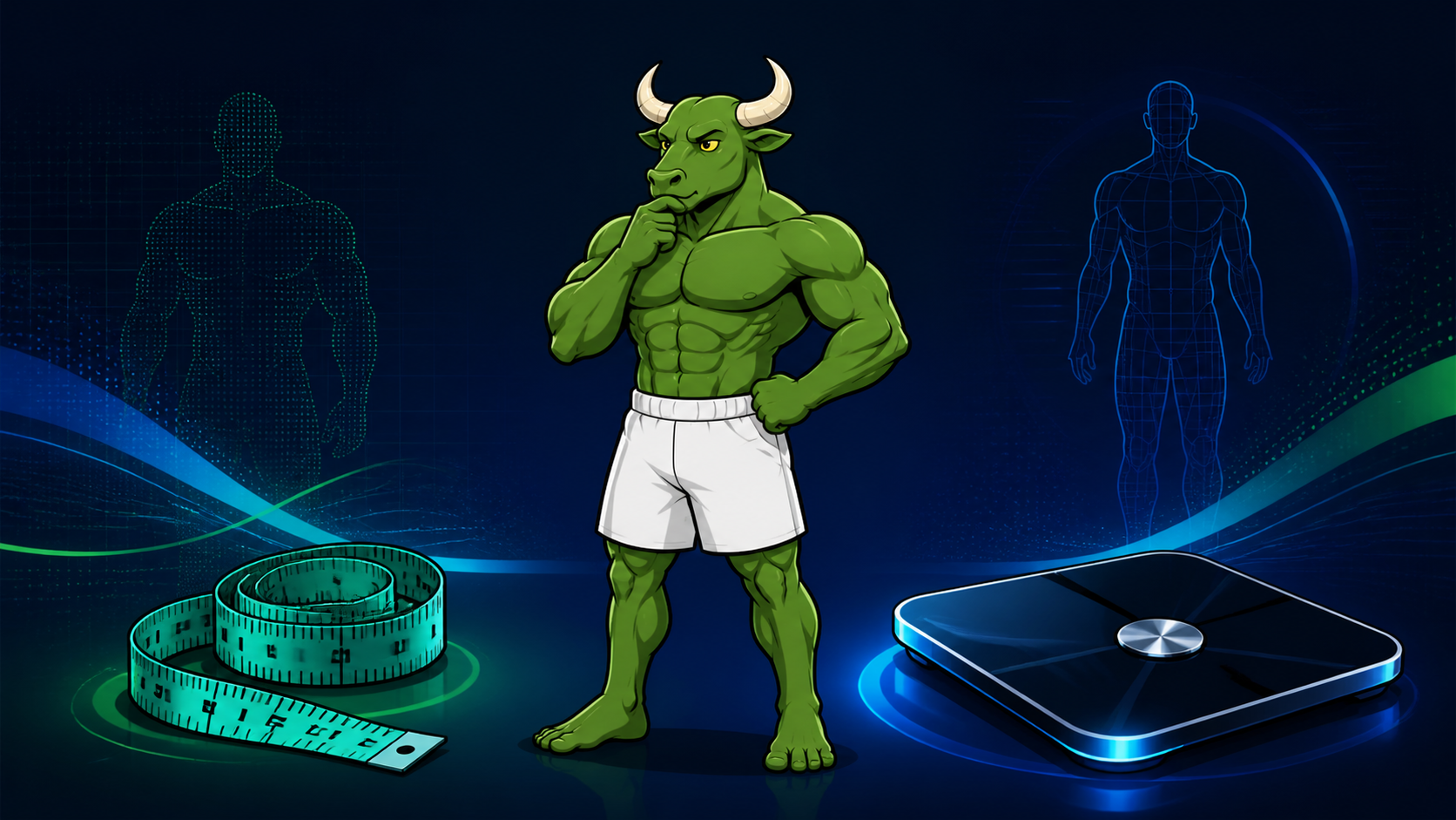 Green Bull weighing a tape measure against a smart scale in a body-composition tracking guide