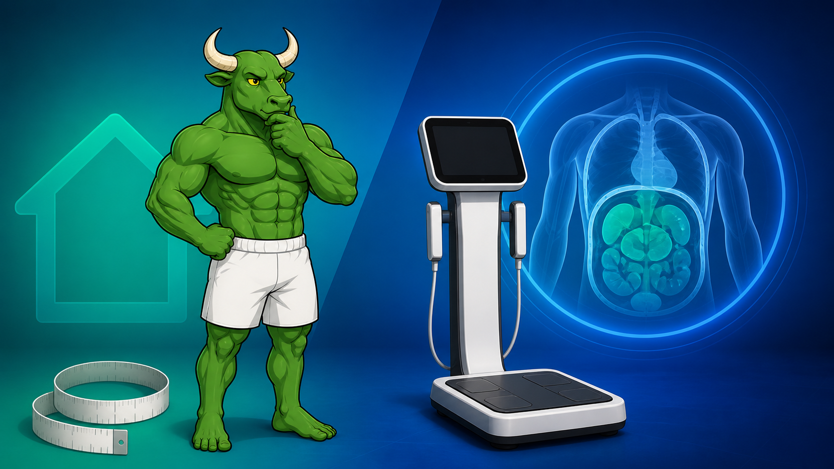 Green Bull comparing a waist tape, body-composition monitor, and clinical imaging for visceral fat testing