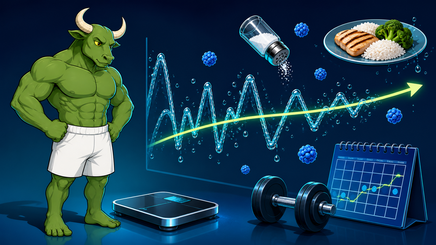 Green Bull beside a smart scale and a noisy daily weight line settling into a weekly progress trend