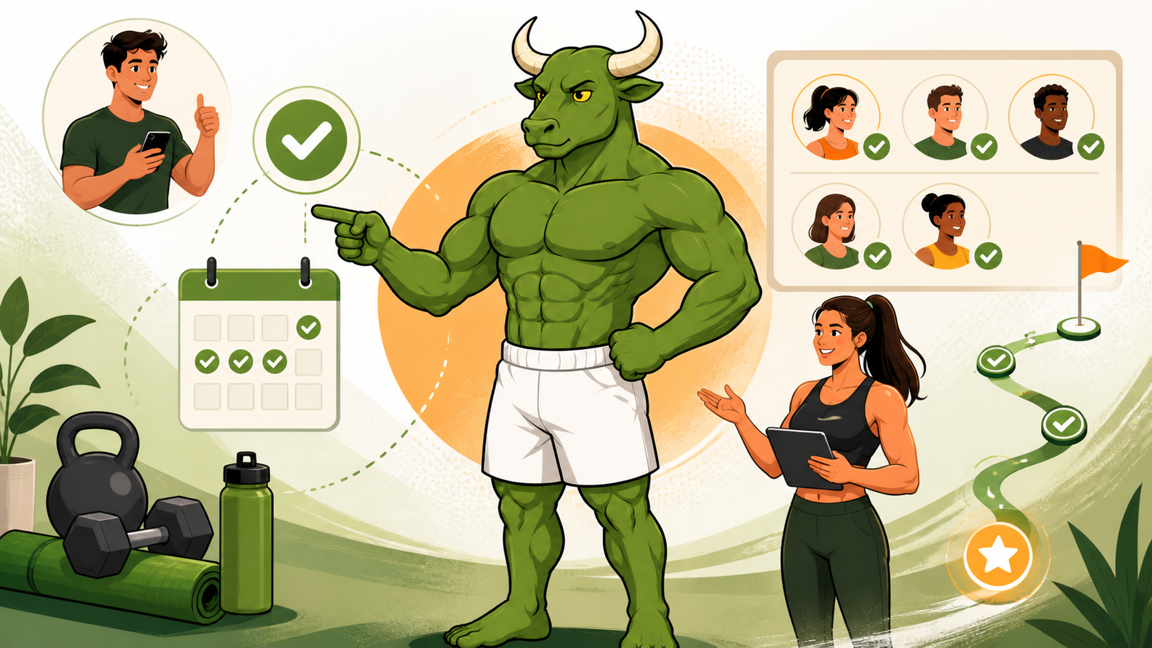Green Bull surrounded by workout check-ins, progress markers, and supportive accountability cues