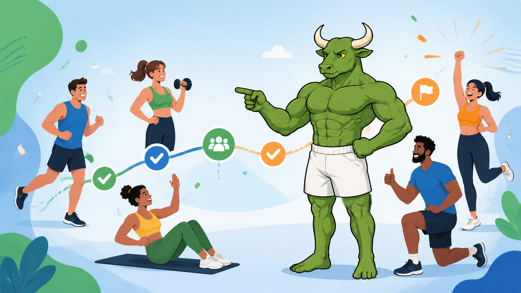 Green Bull leading a friendly group fitness challenge with shared progress markers