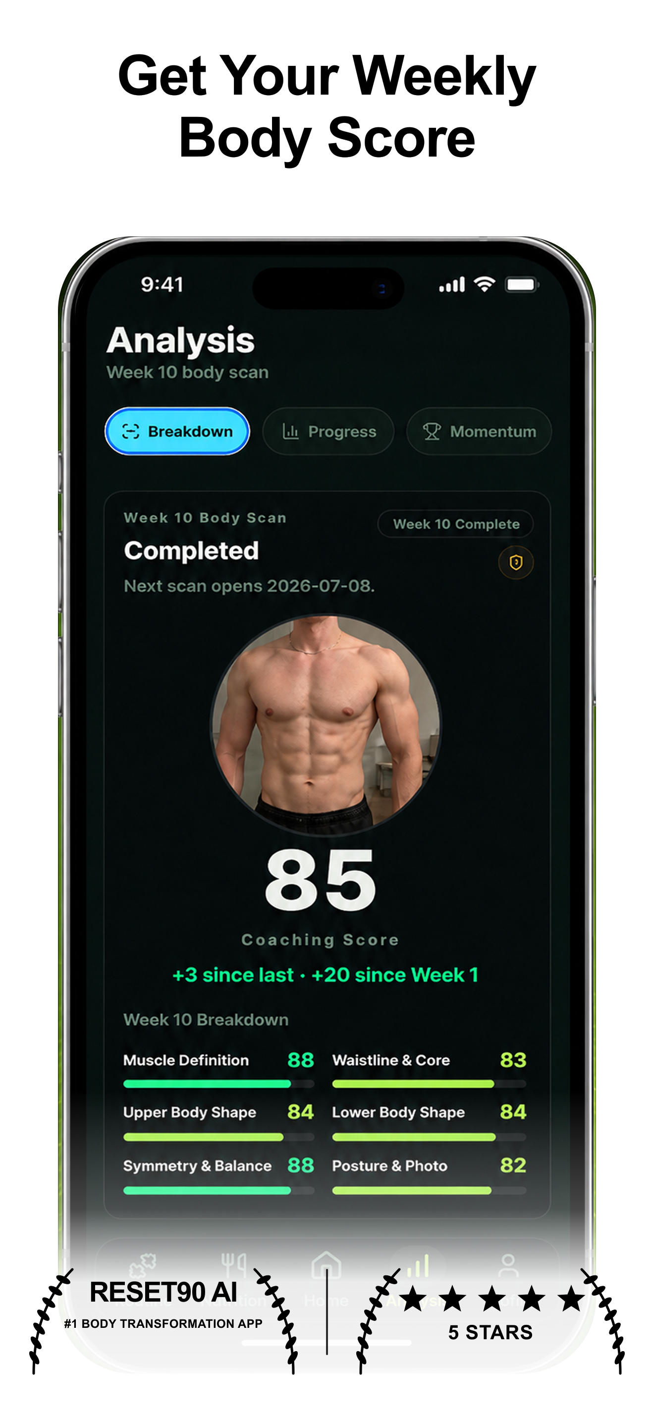 Reset90 Body Skin check-in showing AI-powered scores drawn from multiple signals
