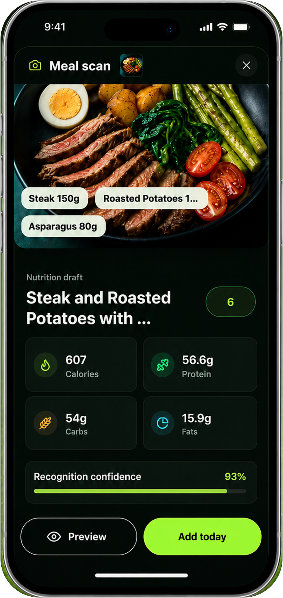 Reset90 meal scan screen showing a recognized meal and nutrition draft