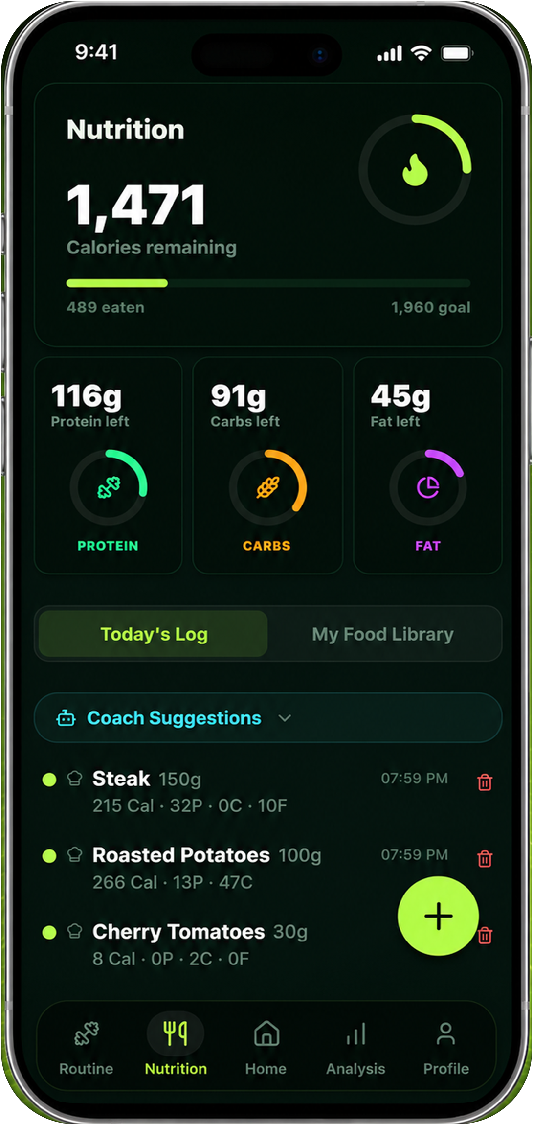 Reset90 nutrition dashboard showing calories and macro targets