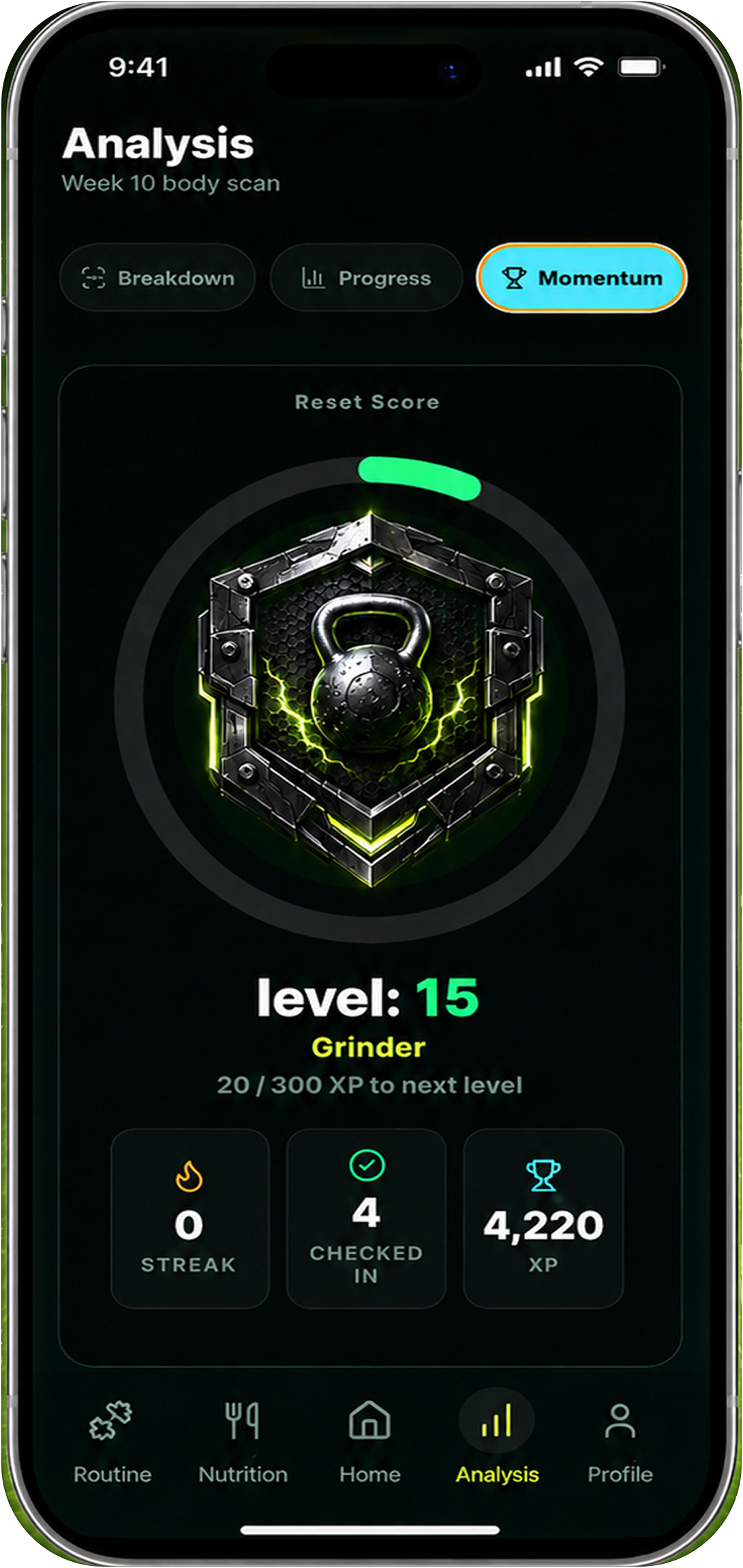 Reset90 Momentum screen showing check-ins and Reset Score